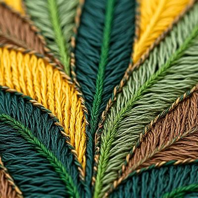 열대 우림 잎사귀 패턴이 수 놓아진 아름다운 직물 클로즈업.