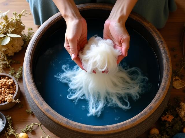 천연 염색 워크숍, 유칼립투스 잎과 식물을 사용하여 직물을 염색하는 손의 클로즈업 샷